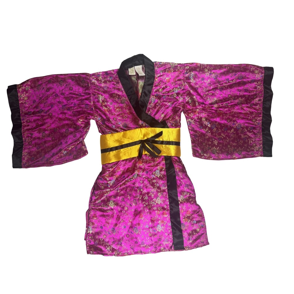 Pink Floral Kimono Robe Girls Small 3-4 Years Satin Costume Dress Up Yellow Sash